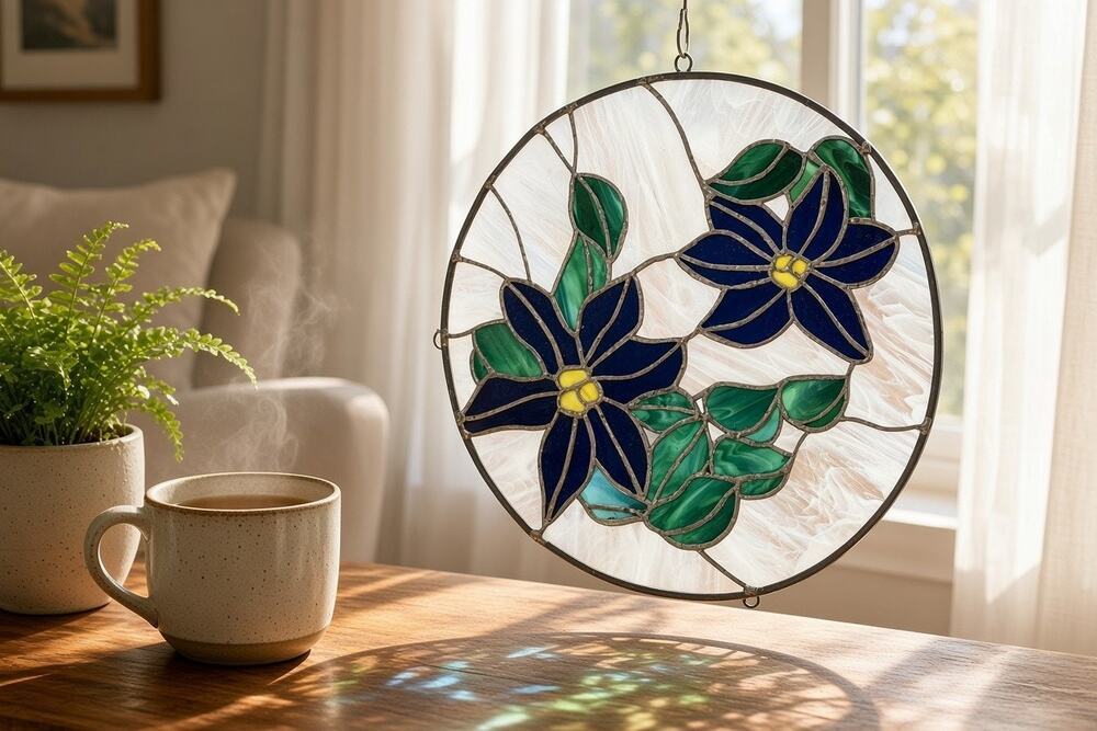 12" Round stained glass window hanging clematis flowers translucent panel